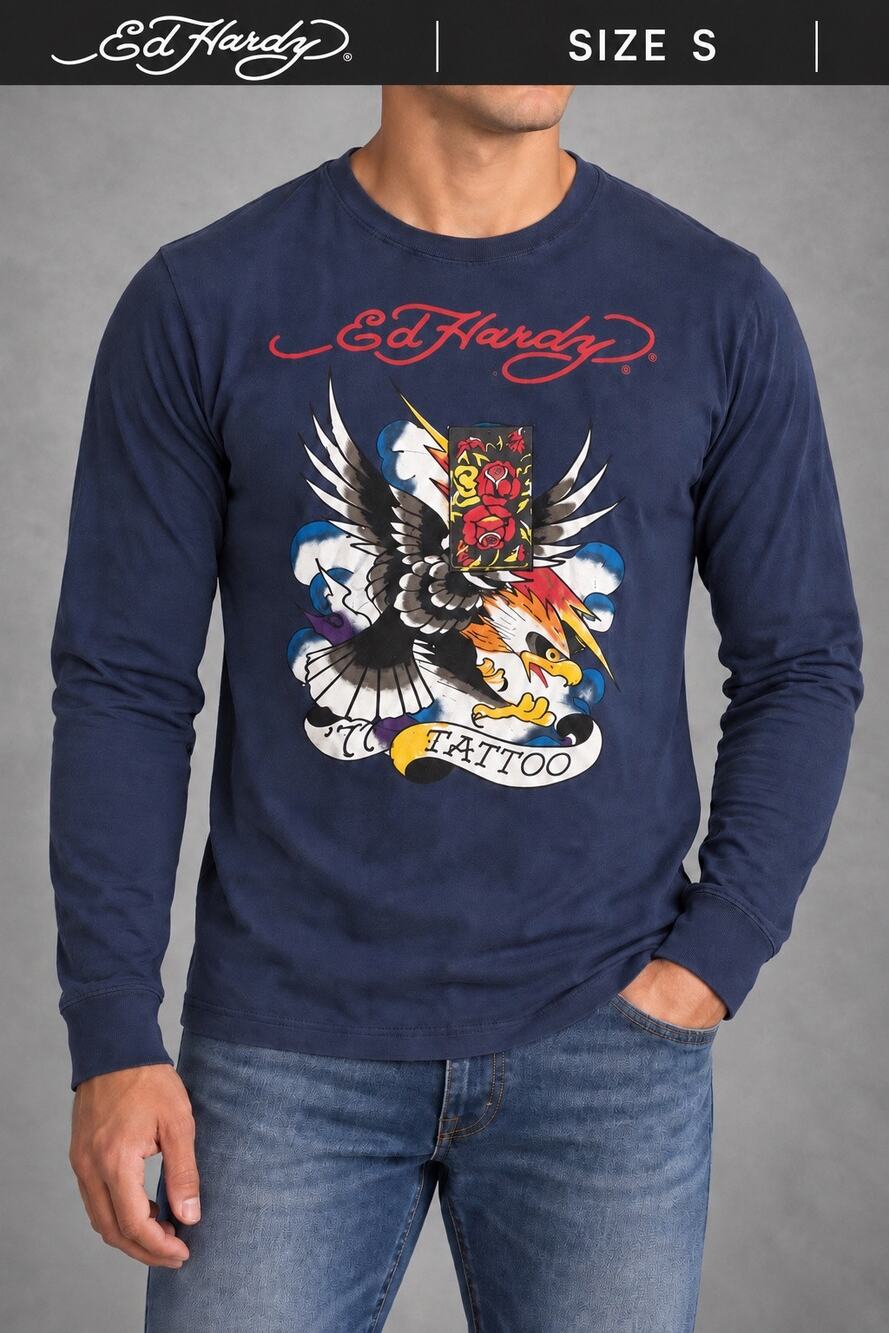 NWT Ed Hardy Eagle Tattoo Graphic Long Sleeve Tee Navy Men’s Small Y2K